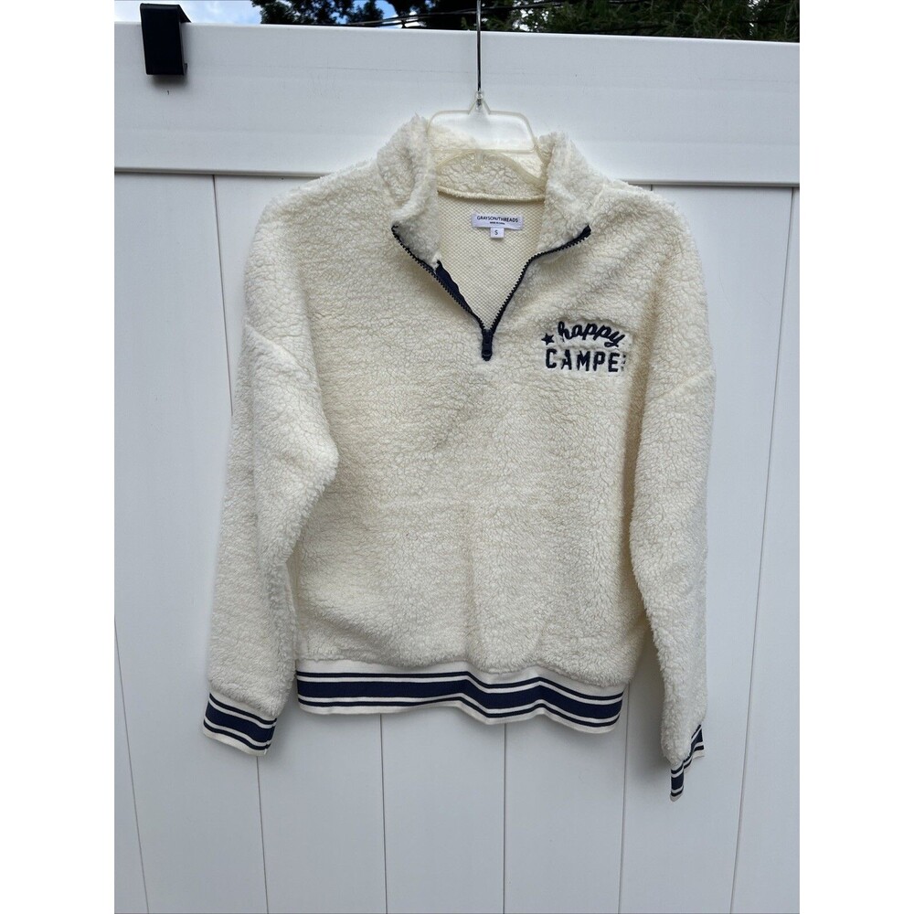 Grayson Threads Womens Fleece Sherpa Pullover Sz Small “ Happy Camper “